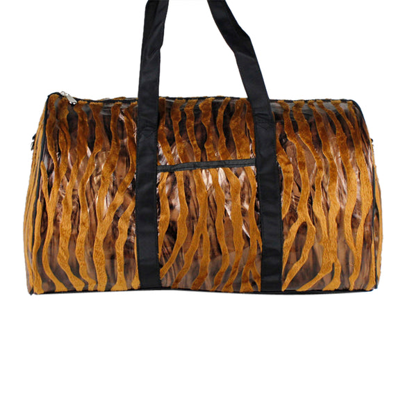 Brown Zebra Faux Fur Duffle Bag - Large Carry Travel Overnight Gym Sports Tote