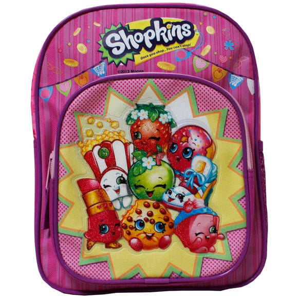 Shopkins 10in backpack 1 front pocket pink with purple trim 8 characters on front